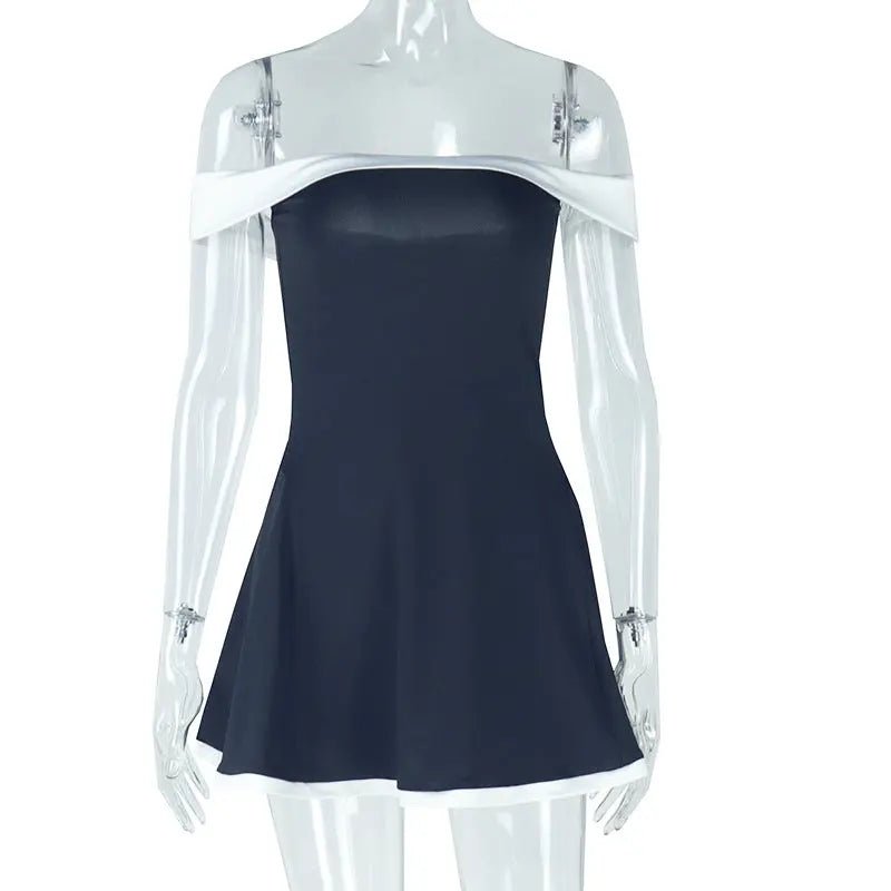 Women's Black And White Patchwork Summer Dress Y2K Trend Slash Neck Backless Sweet Girl Chic Ruched Mini Bodycon Streetwear Black