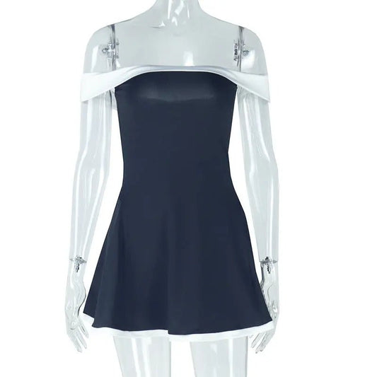 Women's Black And White Patchwork Summer Dress Y2K Trend Slash Neck Backless Sweet Girl Chic Ruched Mini Bodycon Streetwear Black