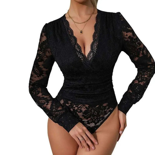 Women's Lace Up Long Sleeve Bodysuit Romper Sexy Deep V Neck Snap Croth Leotard Tee Top For Women Black