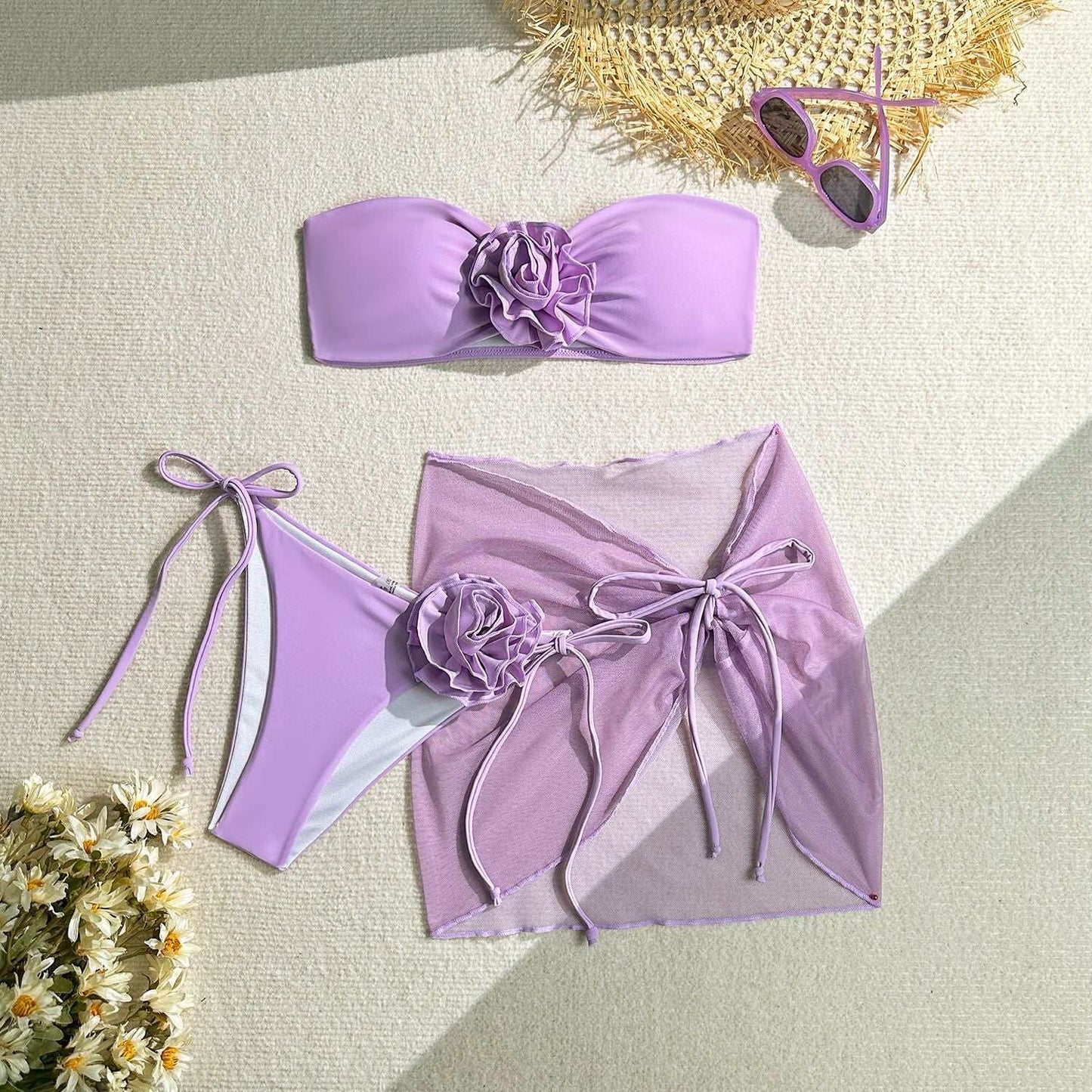 Women's Tube Top With Three-dimensional Big Flower Tied Swimsuit Purple