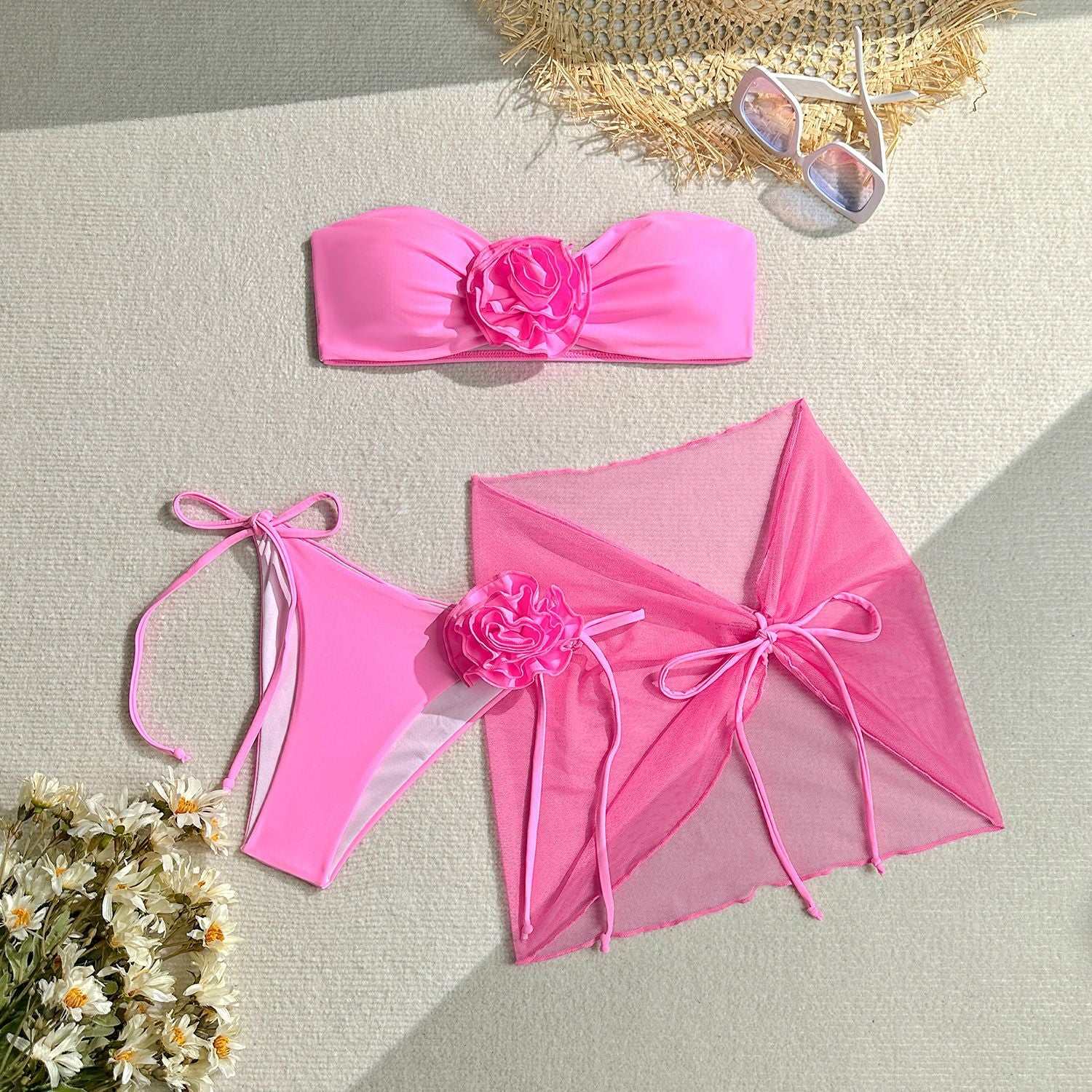 Women's Tube Top With Three-dimensional Big Flower Tied Swimsuit Pink