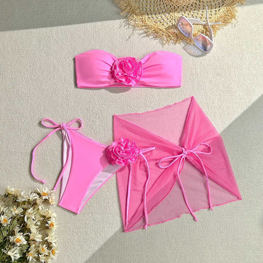 Women's Tube Top With Three-dimensional Big Flower Tied Swimsuit Pink